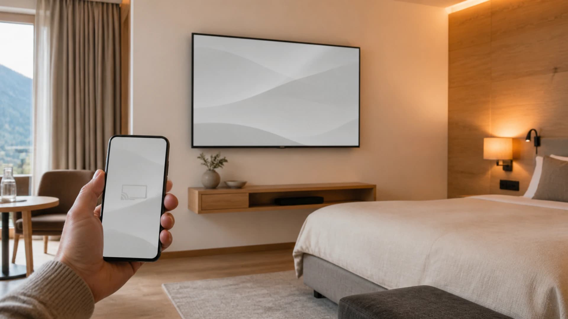 Hand mit Smartphone streamt Inhalte auf den Zimmer-TV.