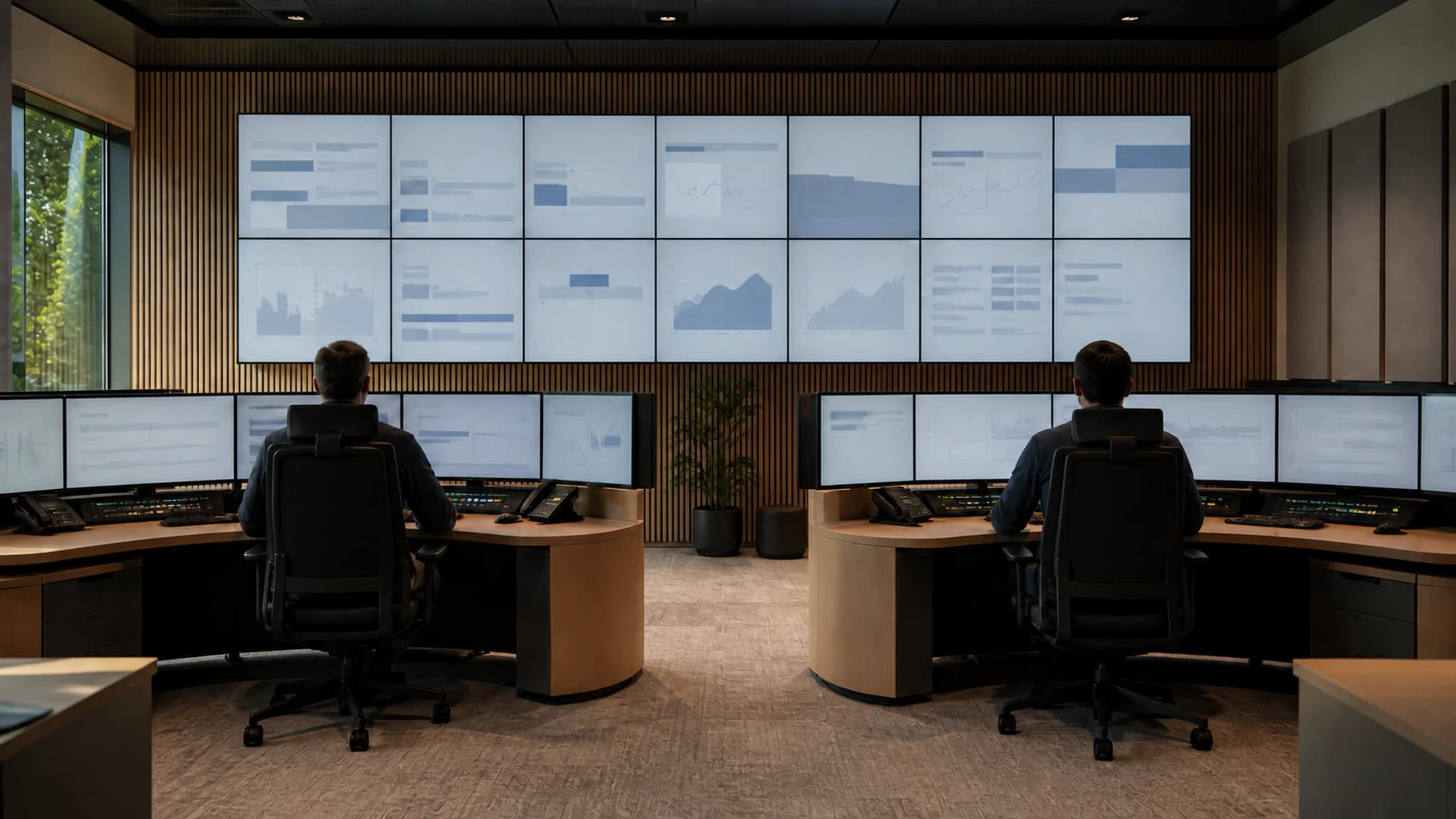 Kontrollraum mit grosser Videowall und Bedienpulten.