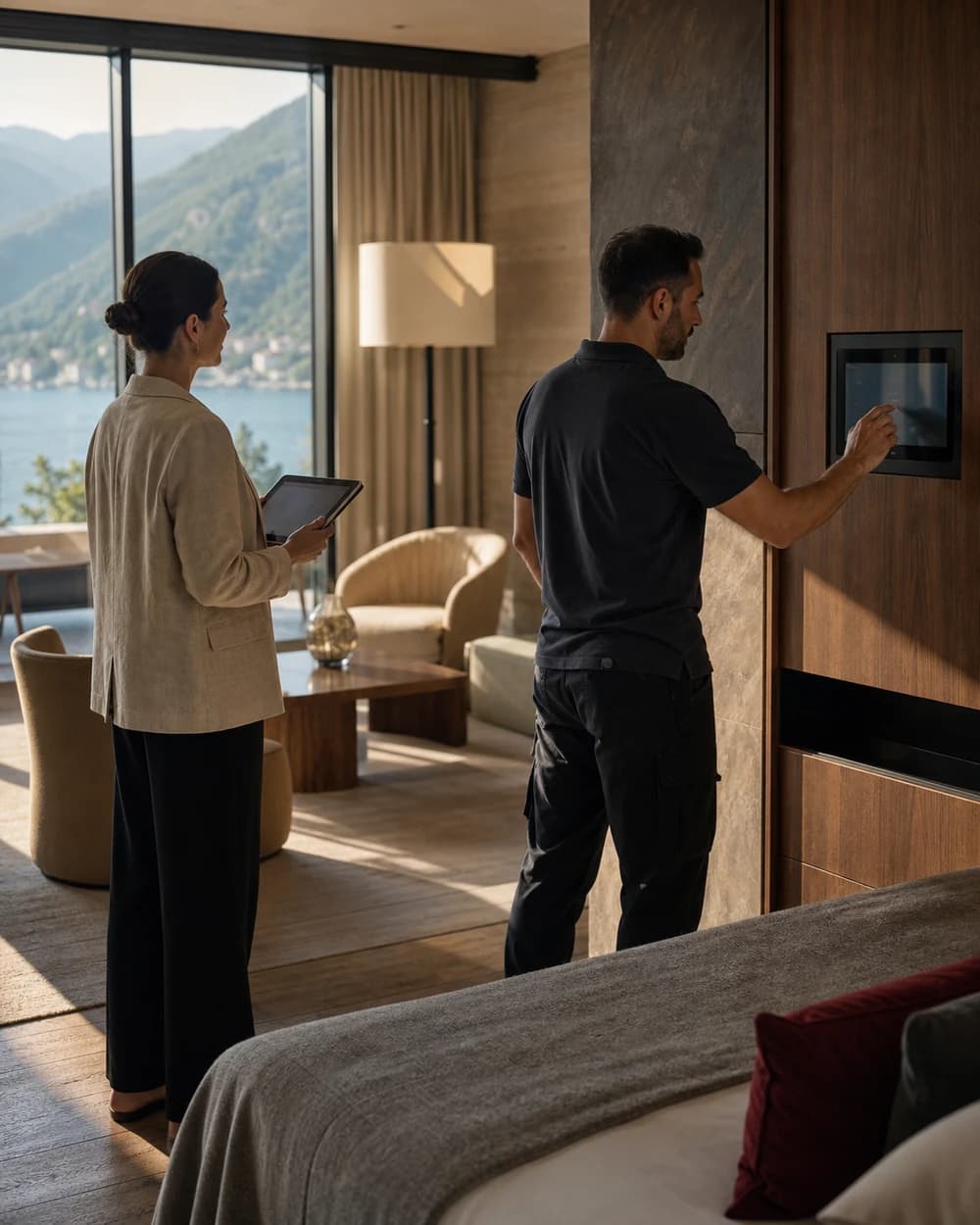 Ein Techniker bedient in einem Hotelzimmer ein wandmontiertes Steuerpanel, während eine Frau mit Tablet danebensteht. Im Hintergrund liegen See und Berge.