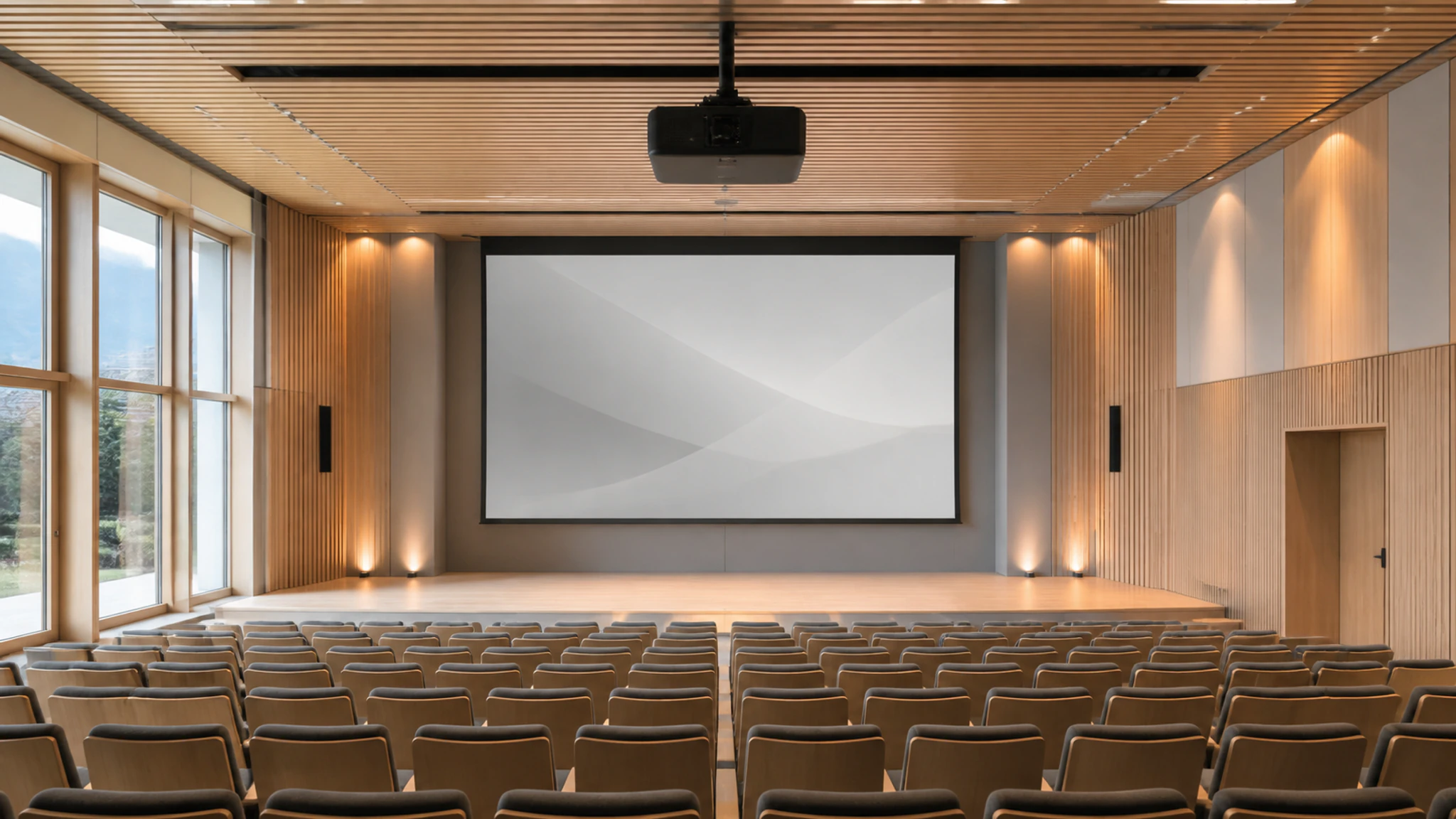 Auditorium mit Bühne, Projektor und Reihenbestuhlung.