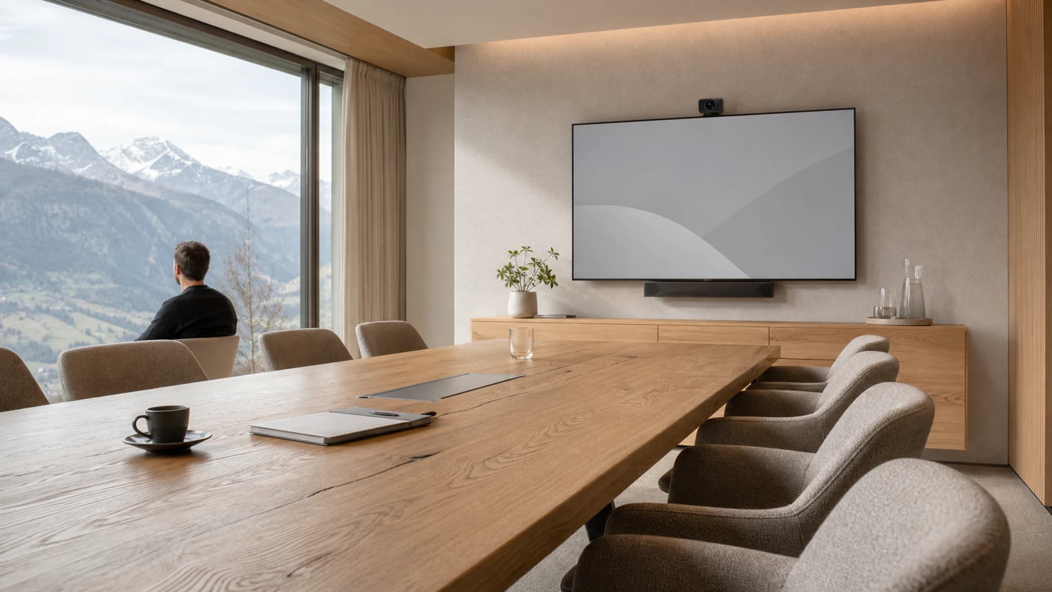 Sitzungszimmer mit Display, Videobar und Konferenzkamera.