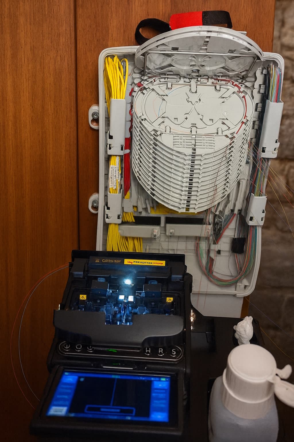 Glasfaser-Spleissgerät vor einem geöffneten Verteilerkasten.