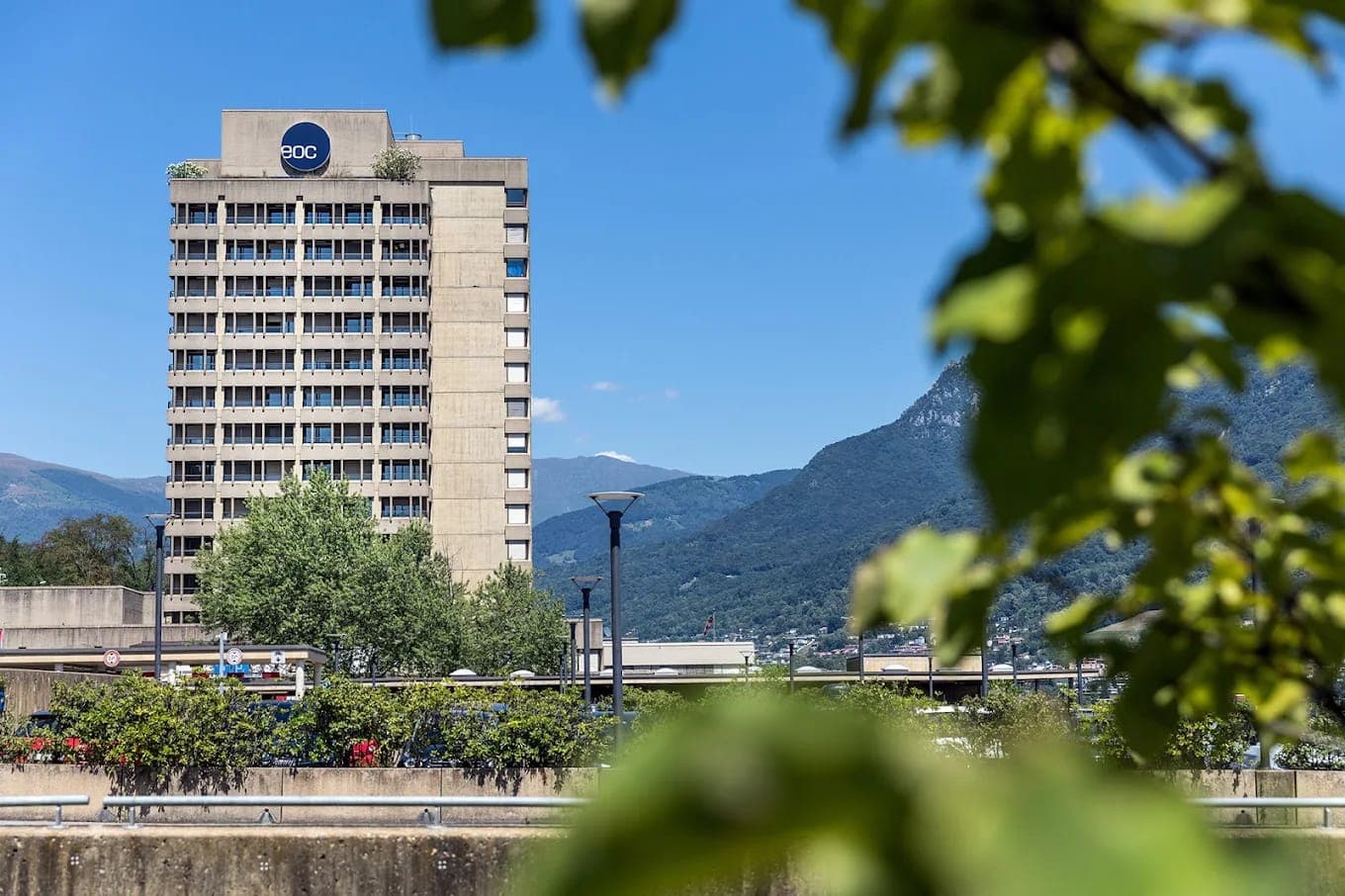Torre delle degenze dell’Ospedale Civico di Lugano dietro le chiome degli alberi.