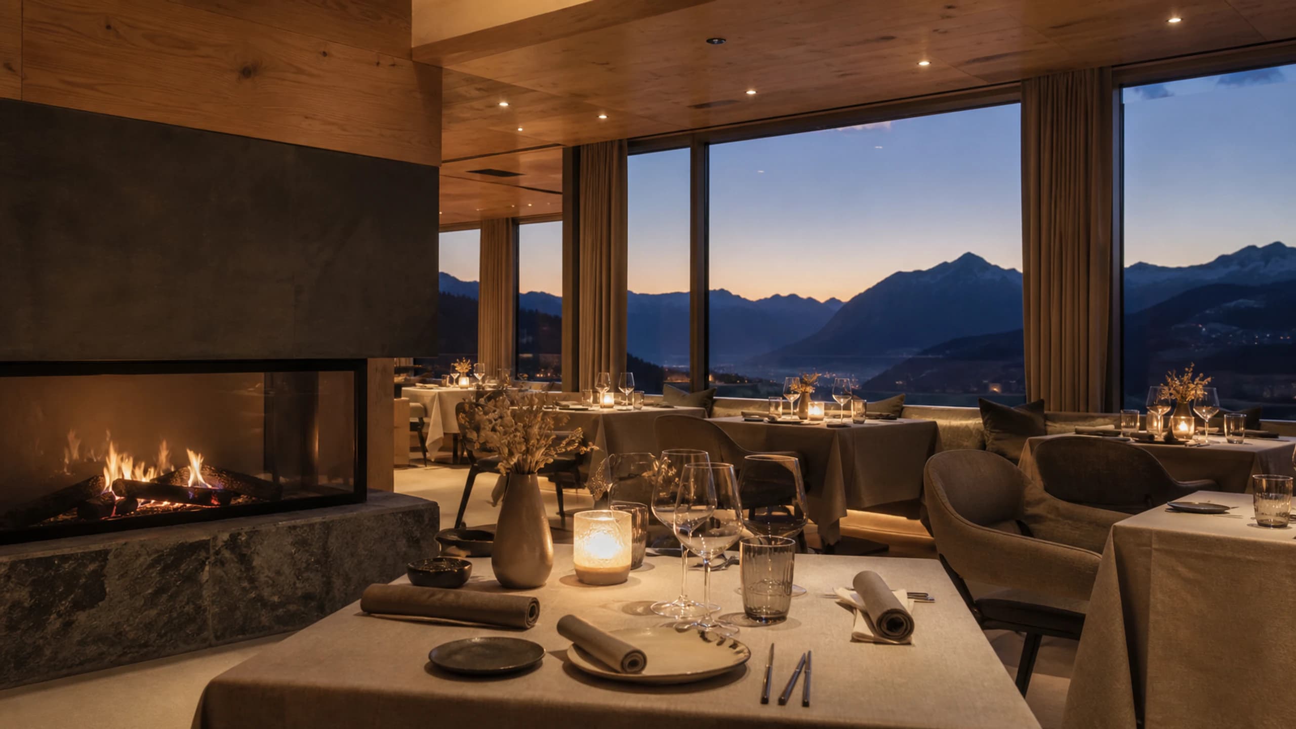Speisesaal eines Hotels in der Dämmerung mit Kamin und Bergpanorama.