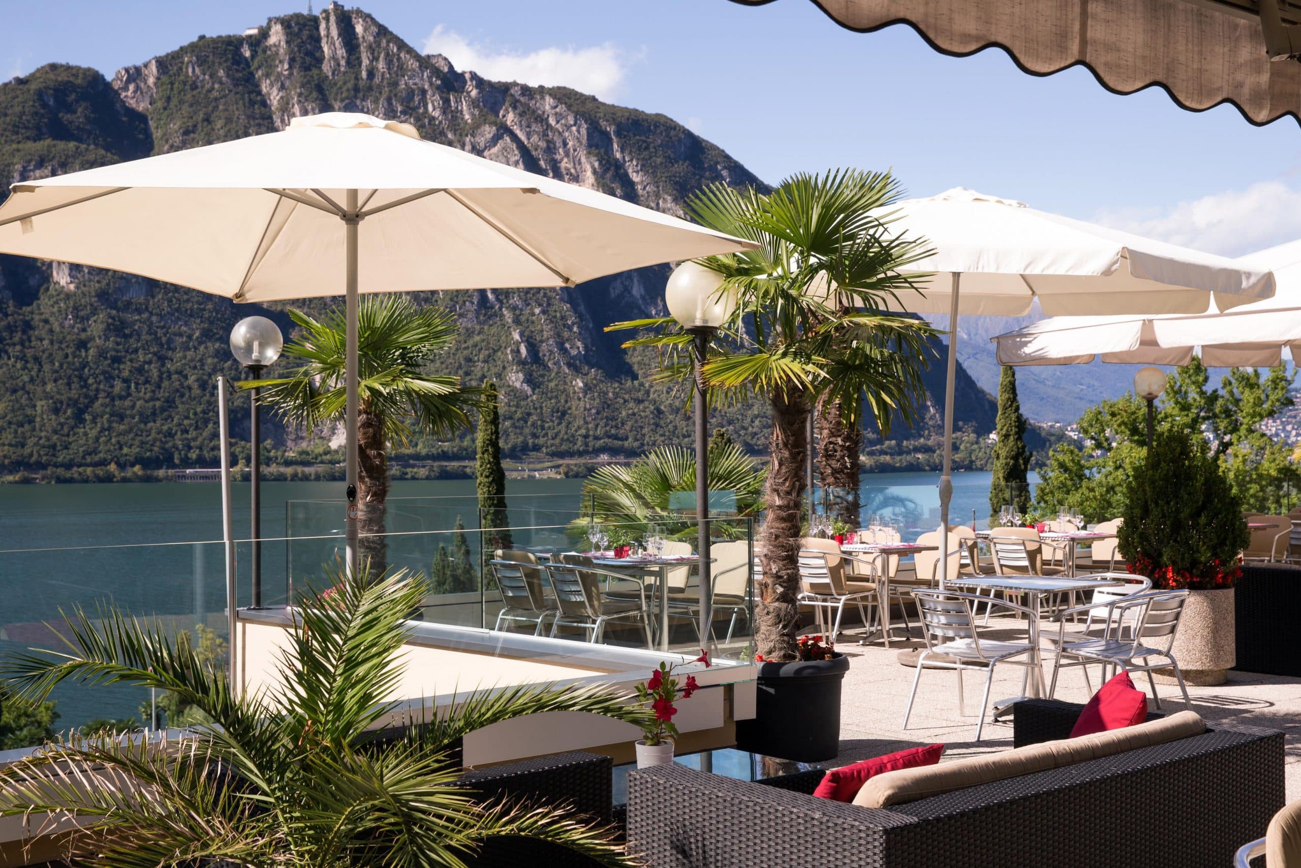 Terrace of Hotel Campione overlooking Lake Lugano.