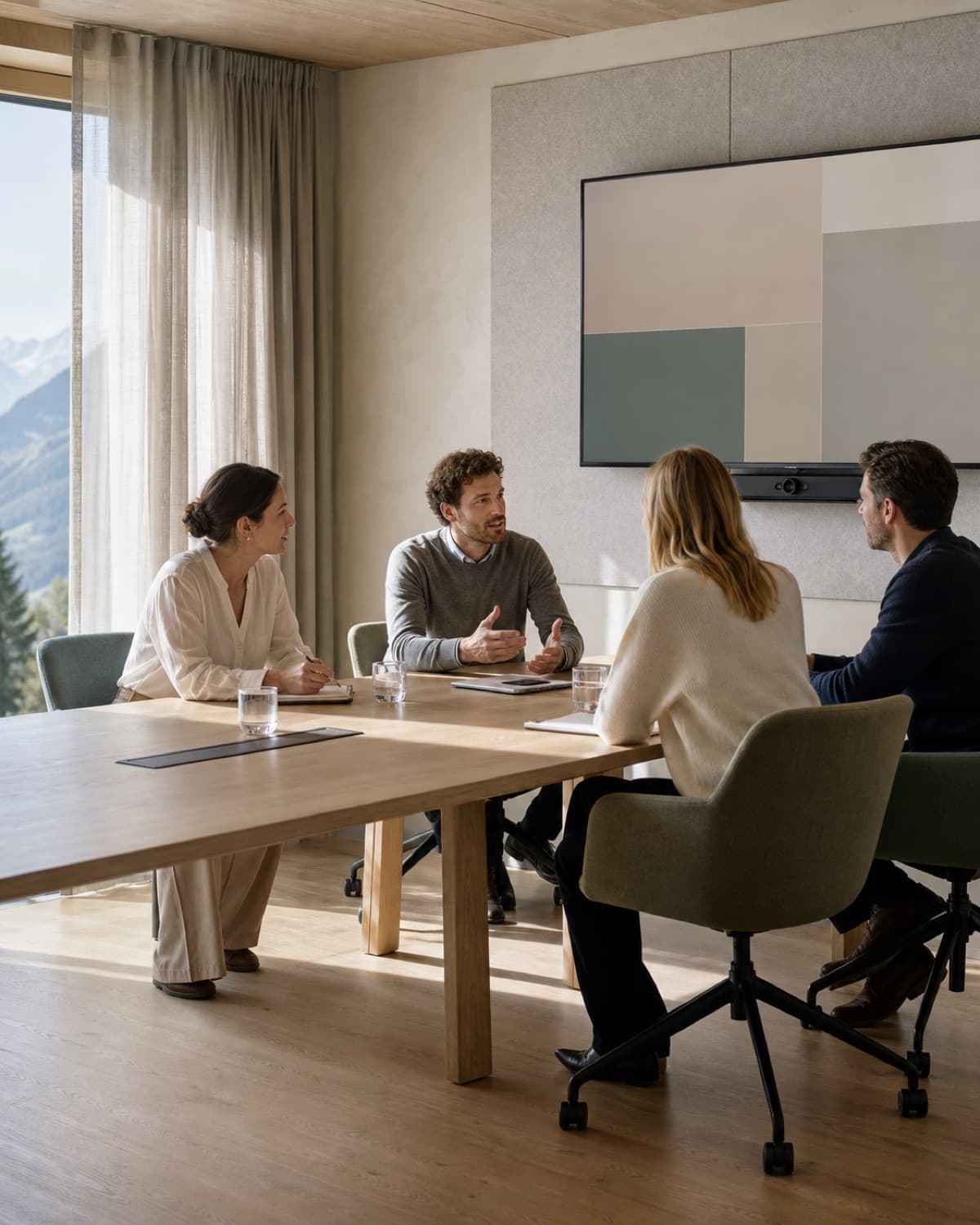 Sala seminari in hotel con grande schermo a parete e persone al tavolo.